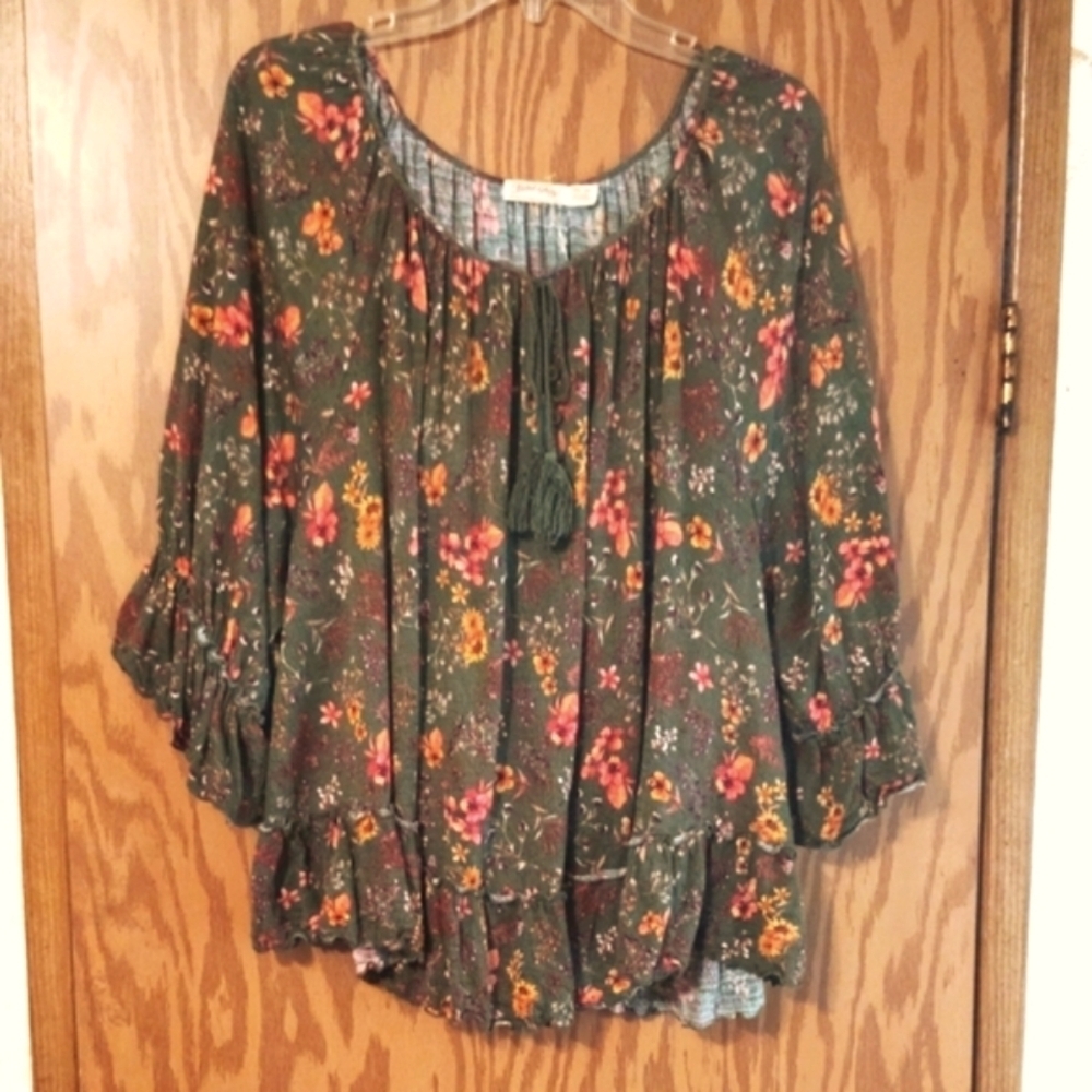 Green Floral Ruffled Boho Cottagecore Blouse with 3/4 Sleeves - Picture 2 of 5